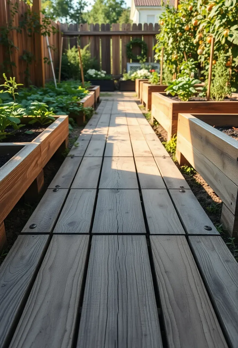 Recycled pallet board pathway through a casual backyard vegetable garden with raised beds on each side