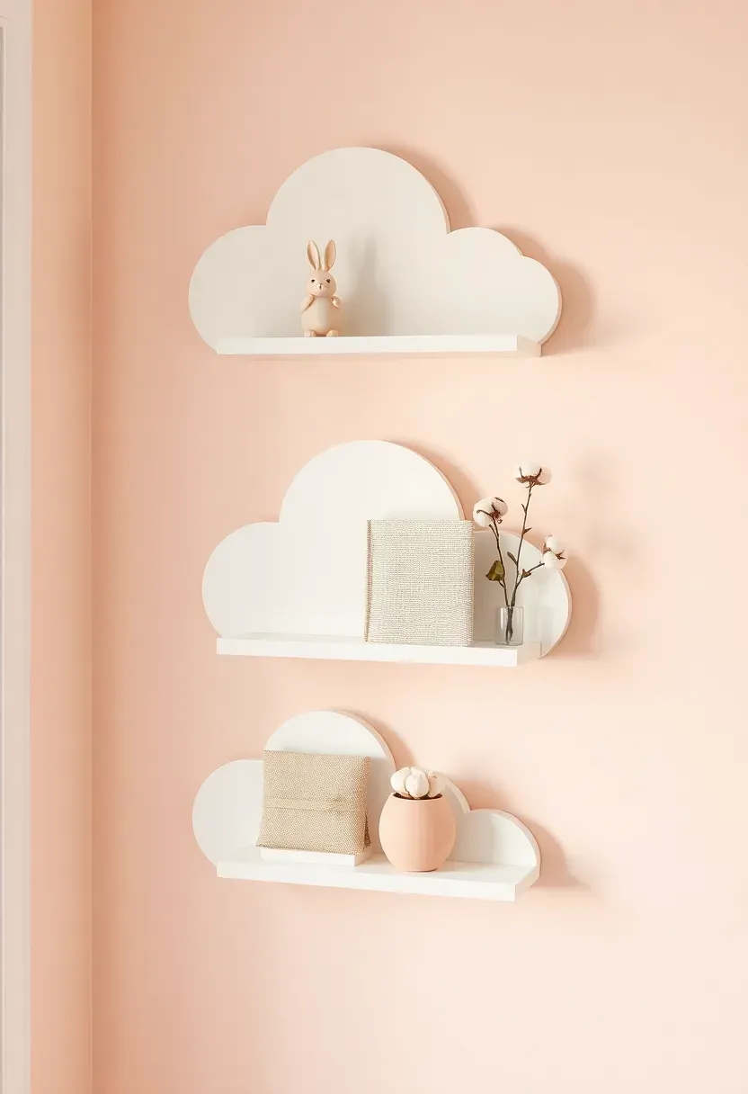 cloud-shaped floating shelves on pastel nursery wall for baby girl