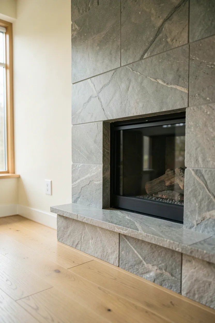 Natural stone fireplace surround with clean lines as a focal point in a minimalist warm-toned living room