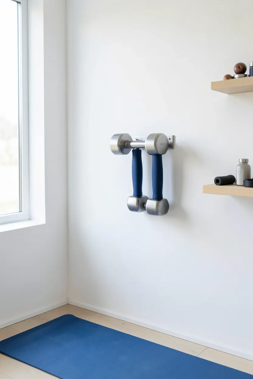 Pair of adjustable dumbbells stored neatly on a small wall-mounted shelf in a minimalist apartment gym — compact strength training setup for renters
