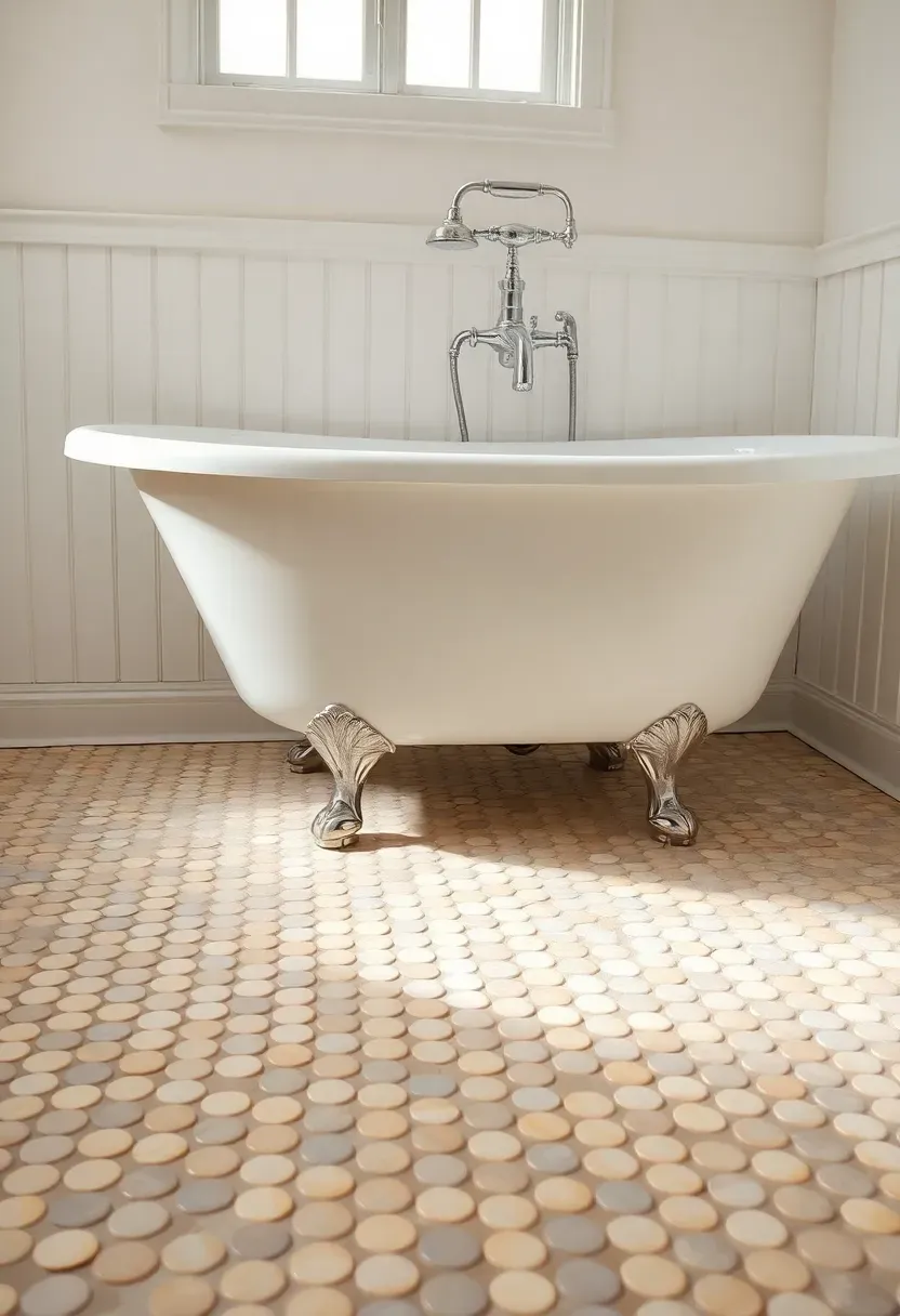 Penny round mosaic bathroom floor in soft cream and pale grey with vintage clawfoot tub