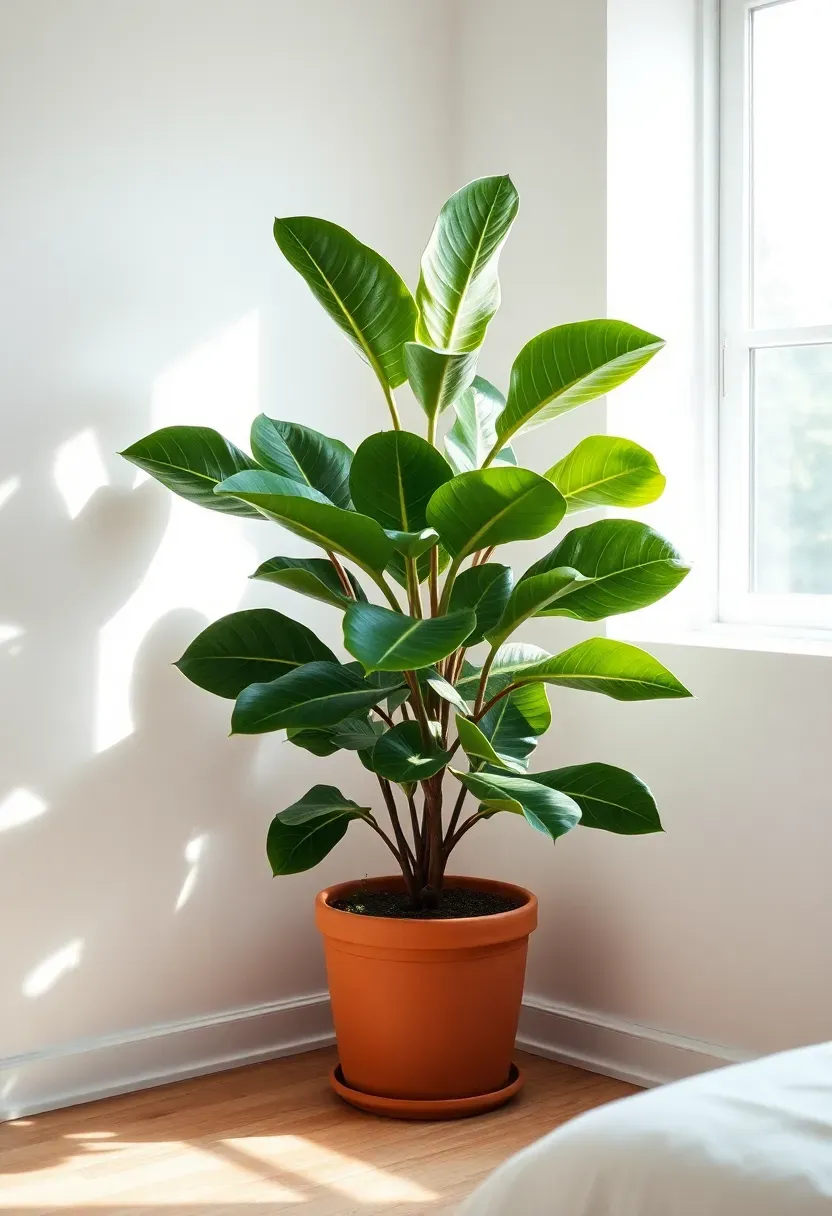 Hyper-realistic view of a minimalist boho bedroom corner featuring one large fiddle leaf fig tree in a terracotta pot. Materials: glossy green leaves, terracotta ceramic pot, white walls, light wood floor. Bright indirect daylight from nearby window. Clean minimalist composition with negative space around the plant. No text, no logos, no watermarks.</p>