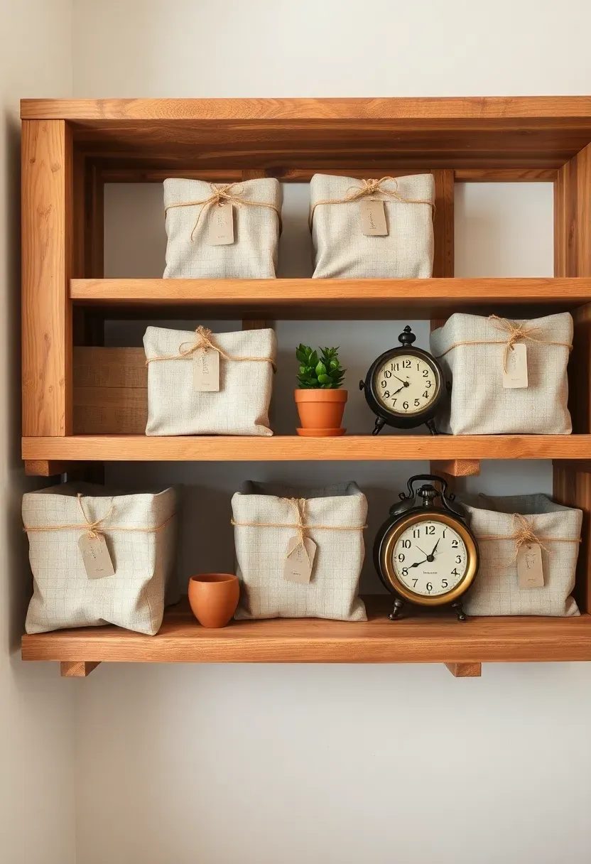 Open wooden shelves neatly organized with linen-wrapped storage boxes in natural and cream tones tied with twine