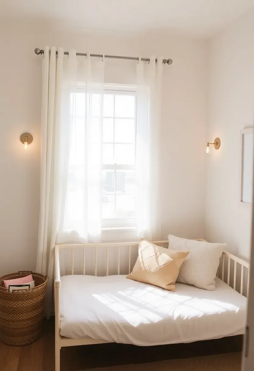 Low daybed under bedroom window with mesh crib rail and soft neutral bedding serving as baby sleep zone in a small apartment