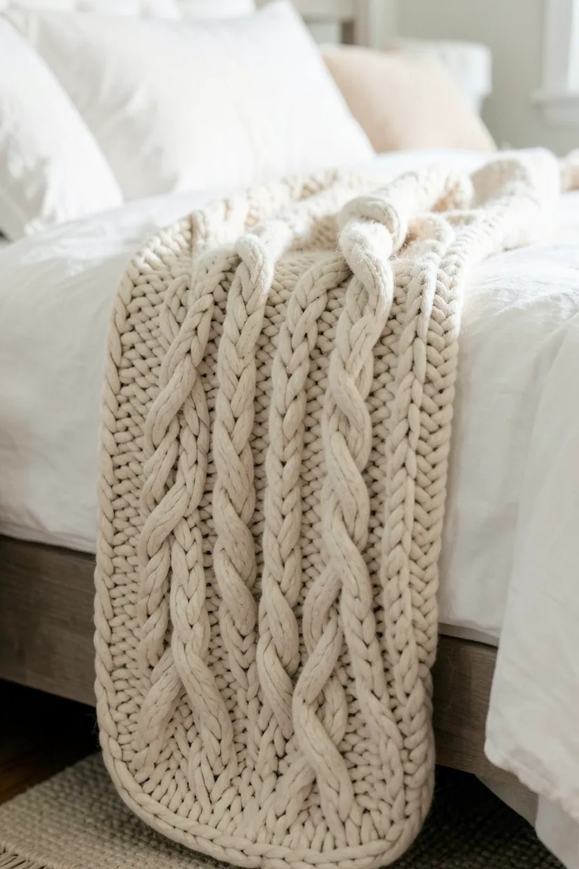 Oatmeal chunky knit wool throw draped across the foot of a bed with cream linen in a cozy scandinavian farmhouse bedroom