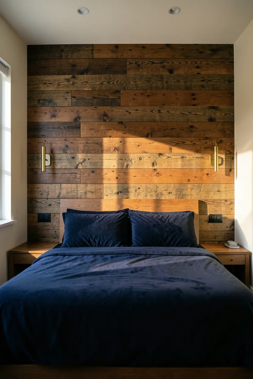 Hyper-realistic eye-level photograph of a maximalist bedroom accent wall behind the bed featuring reclaimed wood planks in rich walnut tones with natural grain variation and texture. The wood wall creates a stunning backdrop framing the bed. Materials: reclaimed walnut wood planks, velvet navy duvet, brass wall sconces mounted on wood, cream side walls. Warm morning light filtering through window, highlighting wood grain and texture variations. Coherent mood: warm and sophisticated maximalist bedroom with architectural texture. Shallow depth of field, sharp details on wood grain and texture, balanced composition showing bed and room context. No text, no logos, no watermarks.</p>