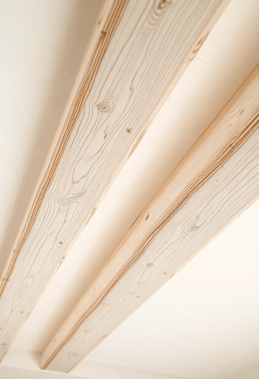 Whitewashed distressed wood beams on bedroom ceiling adding rustic character