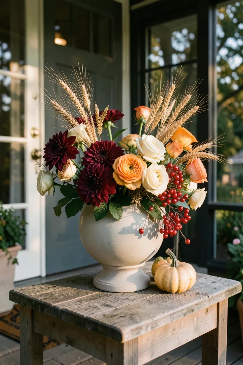 Hyper-realistic eye-level photograph of a fall front porch featuring a large floral centerpiece in a ceramic urn on a wooden pedestal table, with dahlias in burgundy and orange, roses in cream, dried wheat stalks, red berry clusters, and small gourds. Materials: matte ceramic urn, fresh flower petals with slight dew, dried golden wheat, glossy berry surfaces, weathered wood table, front door visible. Warm afternoon light filtering through trees, soft shadows creating depth. Elegant abundant atmosphere. Shallow depth of field, sharp details on flower textures, balanced composition showing surrounding porch elements. No text, no logos, no watermarks.</p>
