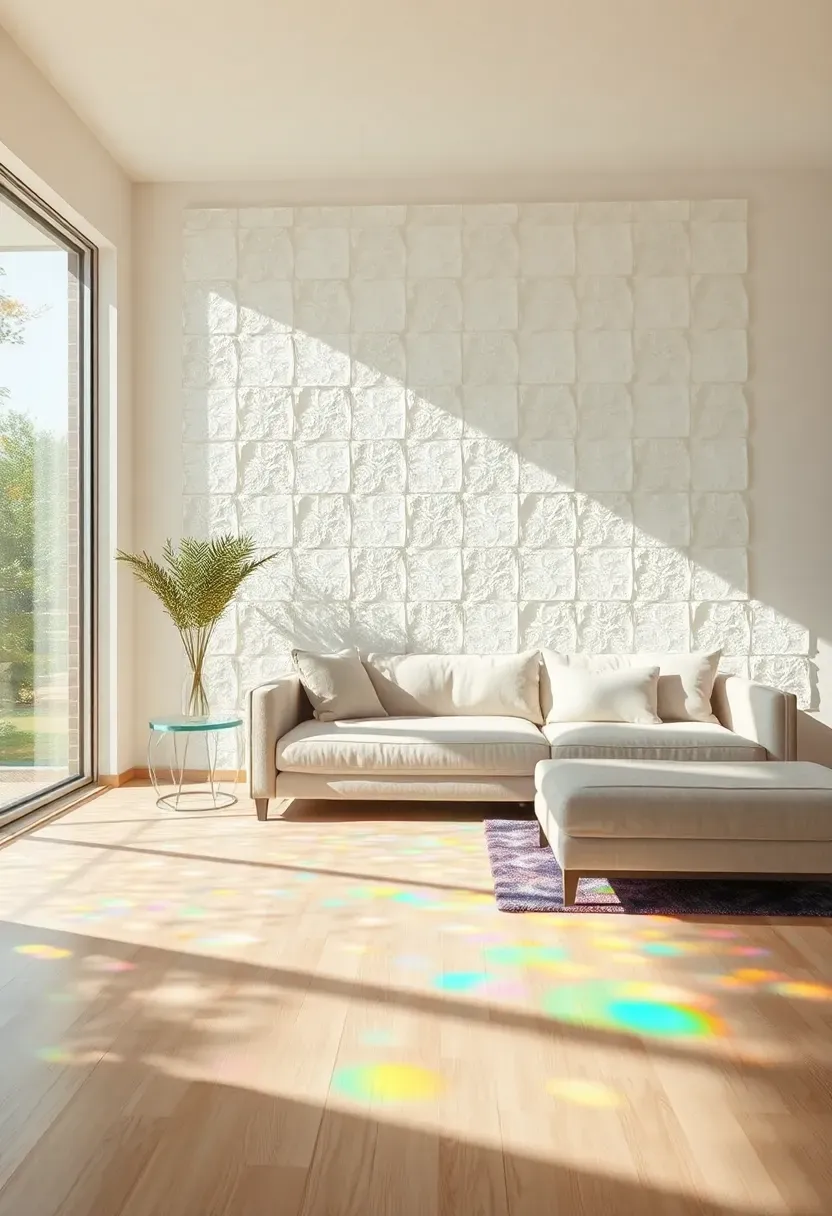 Bright modern living room with a prismatic light refraction accent wall made of textured glass panels casting rainbow light fragments across the room
