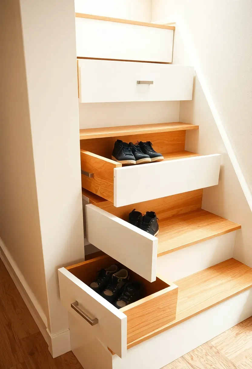 Closed basement staircase with pull-out storage drawers built into each riser, one drawer open showing shoes and seasonal items inside