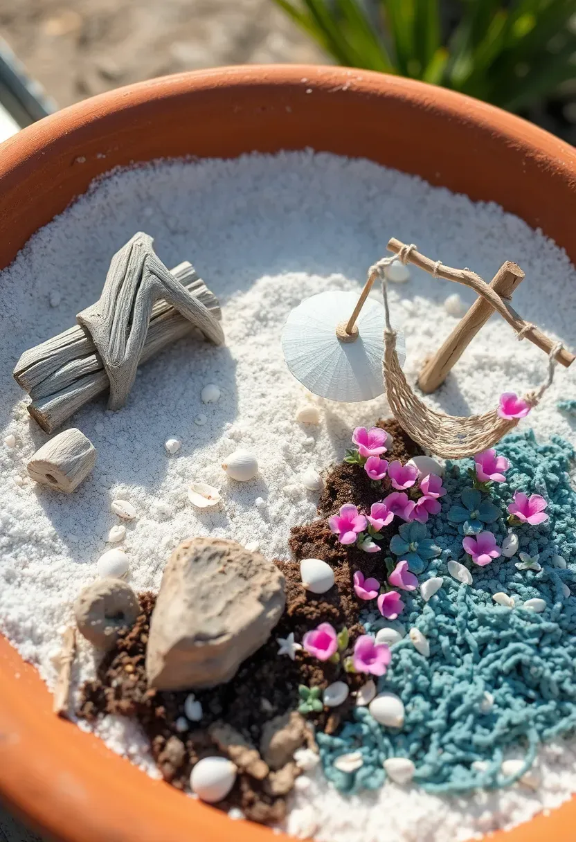 A fairy garden beach scene built in a shallow container with sand, driftwood pieces, tiny seashells, a miniature beach umbrella, and small coastal plants like sea thrift