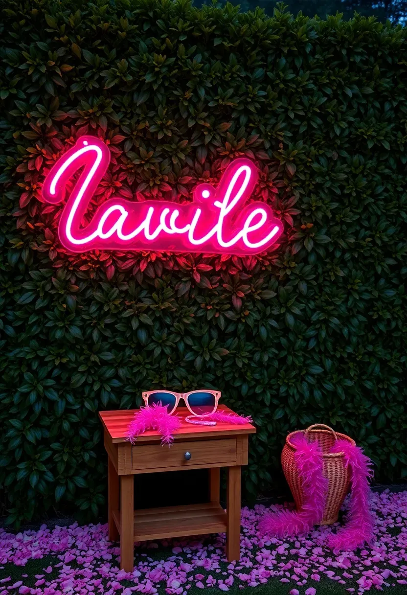 Custom neon sign reading 'Sweet 16' mounted on a dark hedge wall as a photo backdrop in a backyard party setting