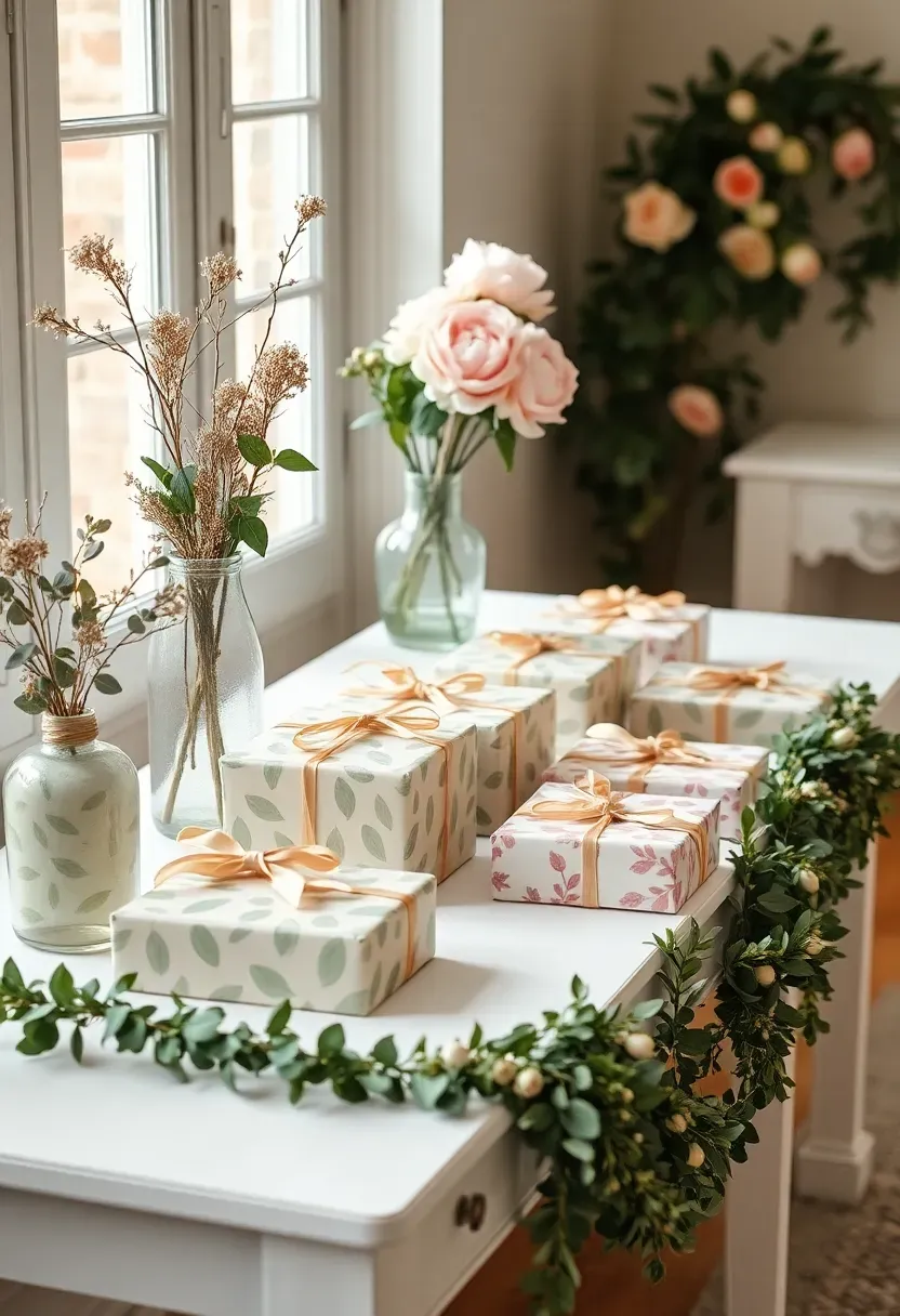 Baby shower gift table with botanical print wrapping paper, eucalyptus sprigs, and blush peonies