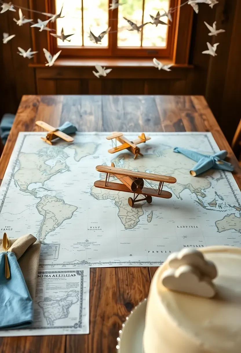 vintage airplane baby shower with paper plane garlands, world map table runner, small wooden biplane models, and a sky blue and khaki color palette