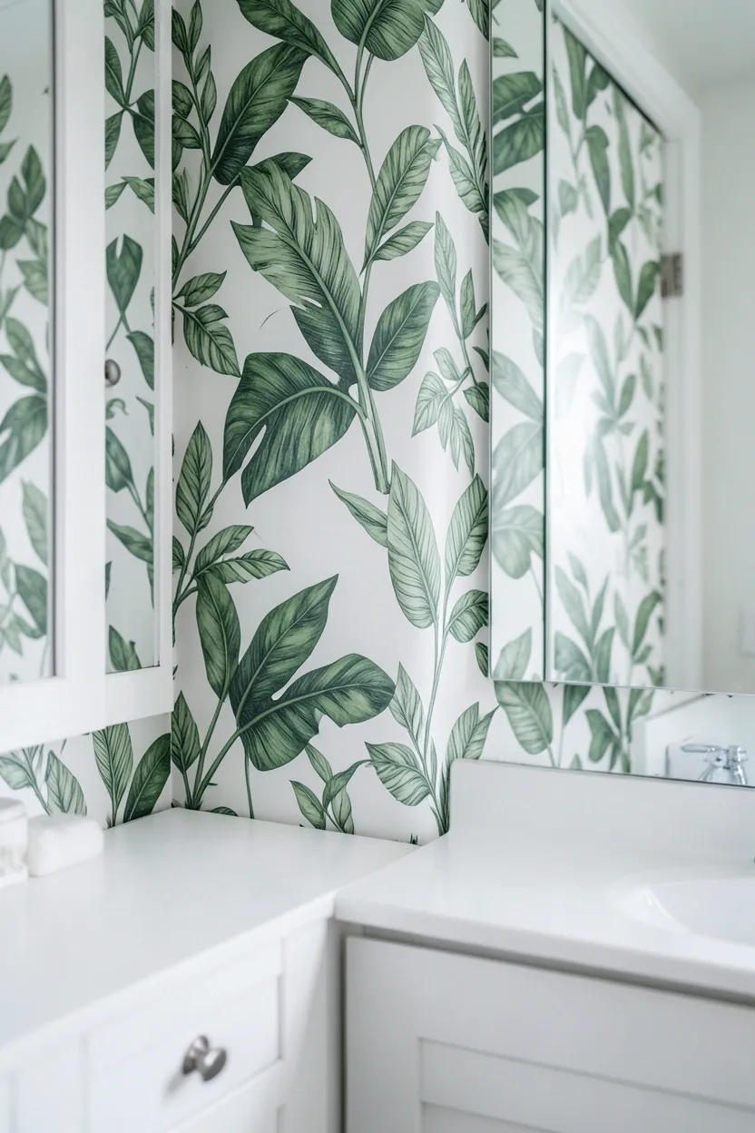Botanical print removable wallpaper on a rental bathroom accent wall — temporary peel-and-stick wall decor idea