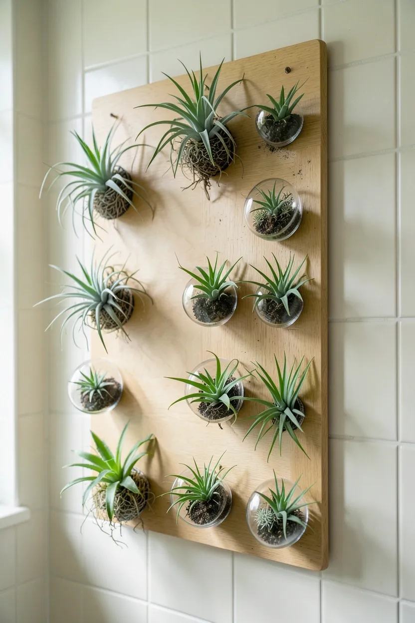 Vertical wall display of Tillandsia air plants in adhesive holders on bathroom wall, no soil or drilling needed