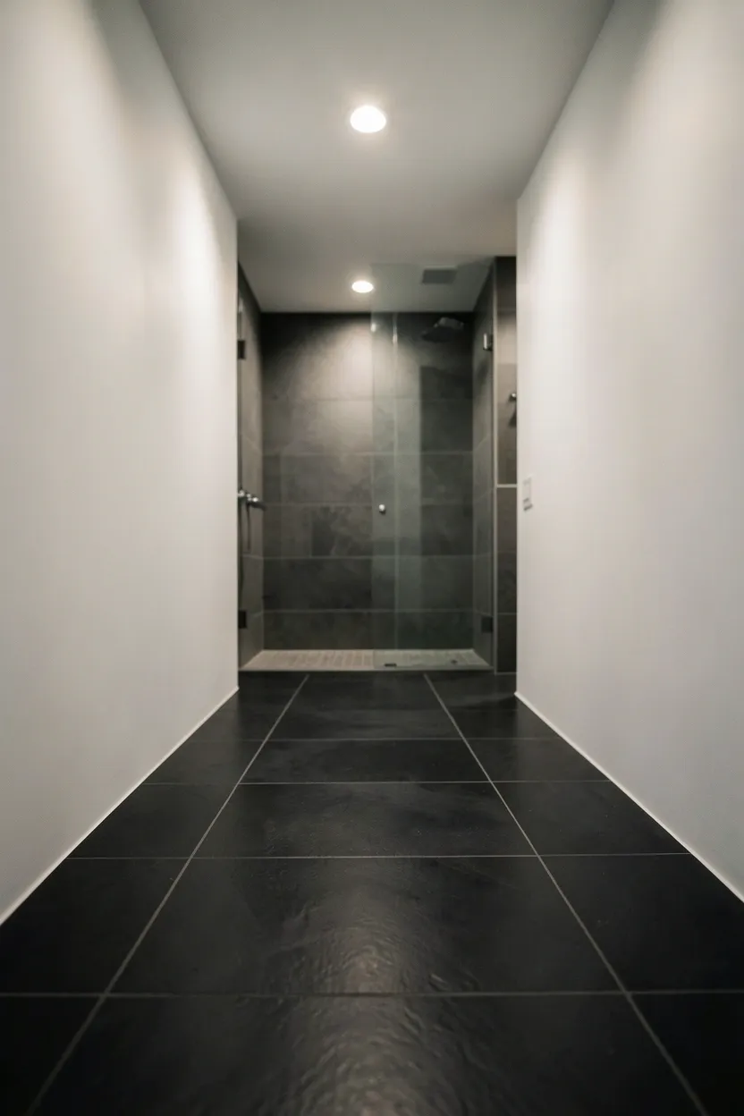 Charcoal large format floor tiles contrasting with crisp white walls in a modern grey bathroom design