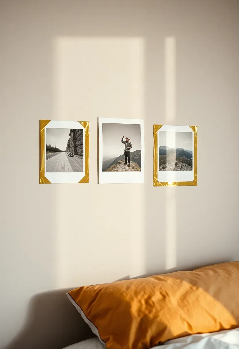 Renter-friendly washi tape picture frames around photos on a white bedroom wall, removable decorative tape borders in mixed patterns