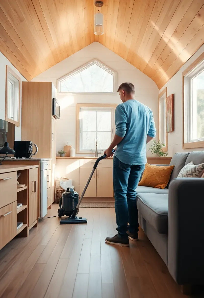 Hyper-realistic interior view of tiny house showing person easily cleaning entire visible space with small vacuum and microfiber cloth, visible compact kitchen and living area both cleaned in minutes. Materials: light wood floors easily cleaned, smooth surfaces on walls and ceilings, minimal furniture with easy-clean fabrics, compact appliances accessible for cleaning. Bright natural daylight creating clean cheerful atmosphere. Shallow depth of field focusing on person vacuuming small area, entire living space visible showing how quickly tiny houses clean. Effortless maintenance aesthetic. No text, no logos, no watermarks.</p>