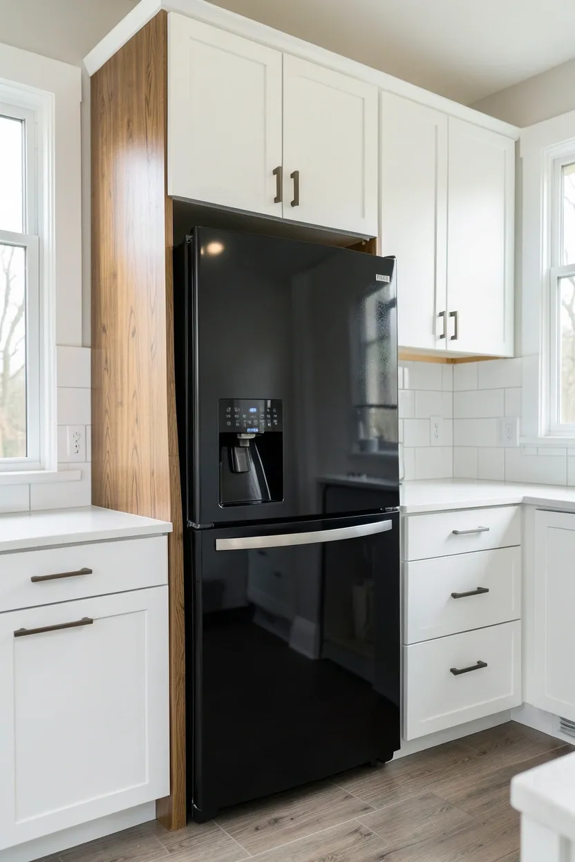 Black kitchen appliances with surrounding wood cabinet accents and shelving — cohesive black and wood kitchen design