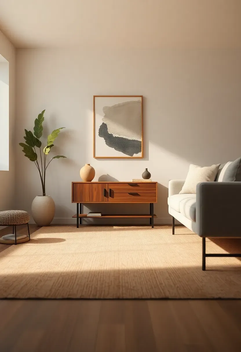 Geometric rug anchor with floating console and art