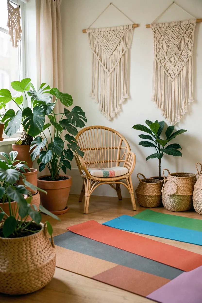 Bohemian home gym with macrame wall hangings, colorful yoga mats, hanging plants, and rattan chair rest area