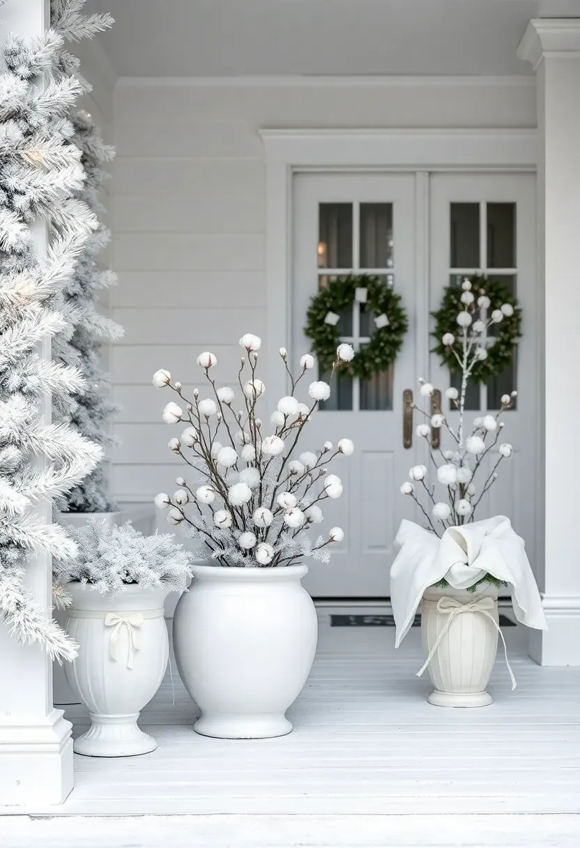 Hyper-realistic 3/4 view of a white winter wonderland front porch Christmas display. Materials: flocked white pine garlands with frosty tips, white ceramic planters containing white birch branches and white cotton stems, faux snow blankets draped over surfaces, warm white micro LED lights woven throughout, white velvet ribbon accents. Overcast bright winter daylight (6500K) with cool tones, white painted porch floor, white modern house exterior. Magical snowy mood like winter fairy tale. Shallow depth of field, sharp details on flocked texture and cotton blooms, monochromatic white composition. No text, no logos, no watermarks.</p>
