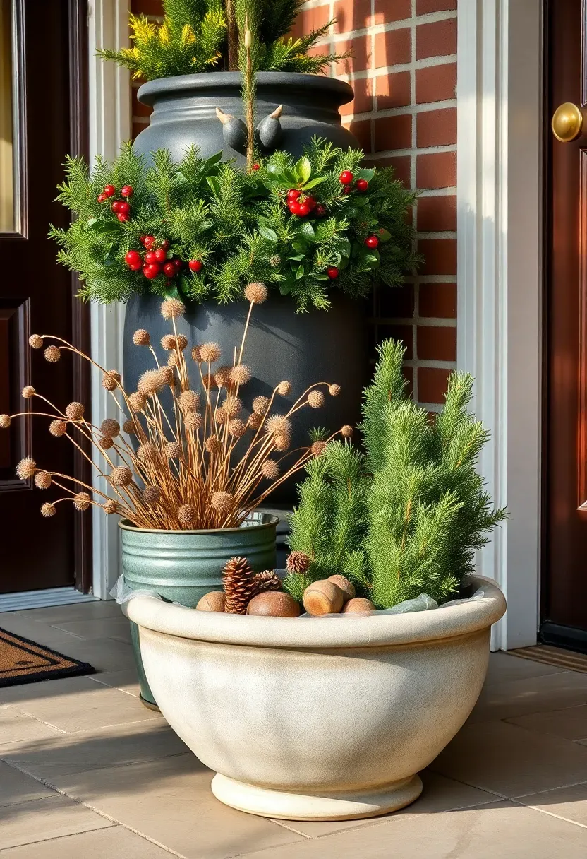 Hyper-realistic wide shot of a front porch corner featuring a mixed material planter grouping. At back, a large charcoal gray ceramic urn with mixed evergreens: cedar, pine, and variegated boxwood with red berry accents. In front, a medium galvanized metal bucket containing dried bunny tails and globe thistles. A small woven basket lined with plastic holds dwarf Alberta spruce. A low concrete bowl at the front edge contains birch rounds and pinecones. Porch has stone flooring and a dark wood front door with brass hardware visible. Soft morning daylight with shadows. Visible brick house exterior. No text, no logos, no watermarks.</p>