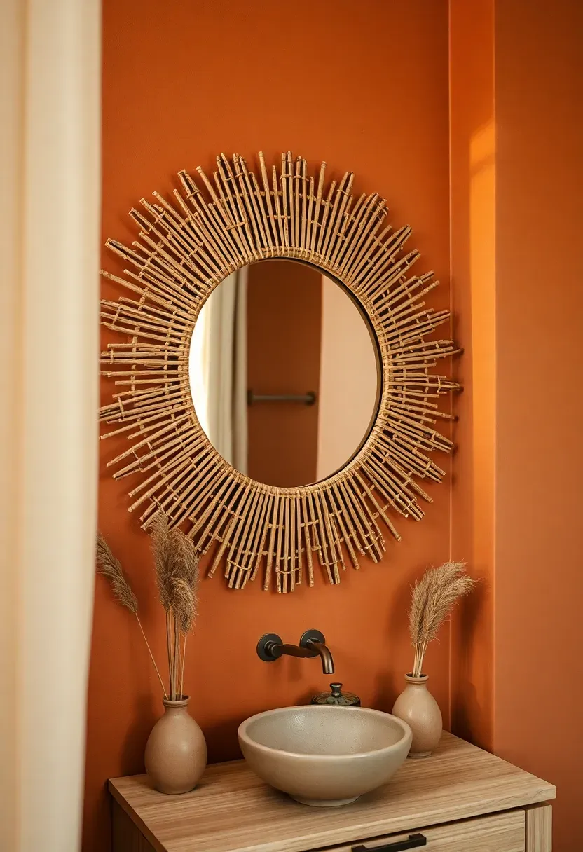 Natural rattan sunburst mirror with woven rays in a warm toned boho bathroom with terracotta accents