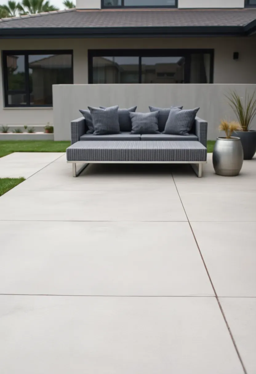 Wide-format concrete slab patio with three large rectangular slabs in light gray tones with minimal joints and modern outdoor lounge furniture