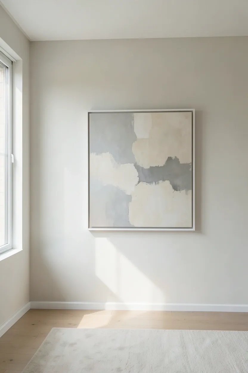 Single large abstract artwork in soft grays in a white-framed mat hung on a minimal Japandi living room wall with generous negative space