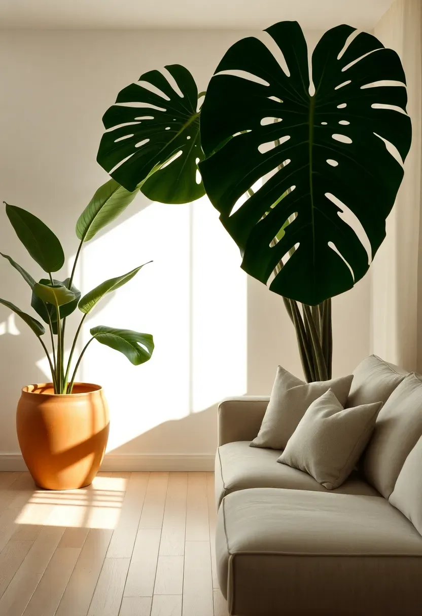 Hyper-realistic 3/4 view of minimalist living room featuring large monstera deliciosa plant in corner, dramatic perforated leaves creating architectural presence, plant reaching 5-6 feet tall. Large ceramic pot in warm terracotta. Cream linen sofa, light wood floor, white walls. Materials: living monstera plant, terracotta pot, linen upholstery. Natural light from nearby window, monstera casting dramatic leaf shadow patterns. Large leaves as sculptural element. Shallow depth of field, sharp details on leaf perforations and texture. No text, no logos, no watermarks.</p>