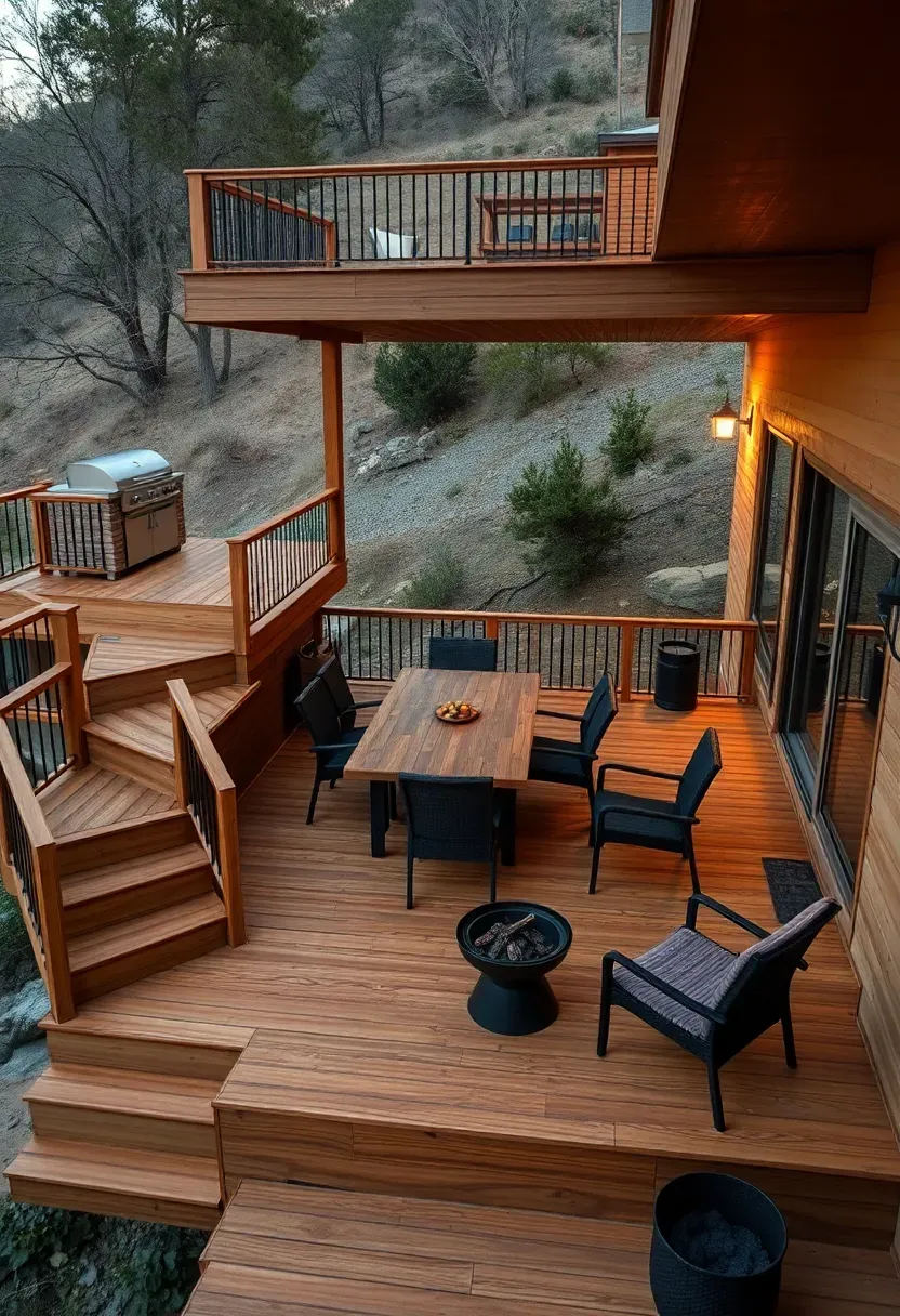 Multi-level deck built into a sloped hillside with a grill station on the upper tier, dining area on the middle level, and lounge seating on the lower deck