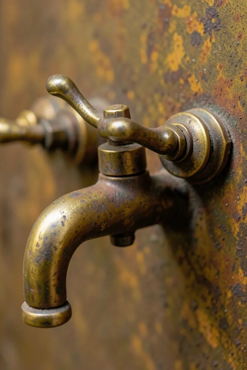 Aged brass bathroom faucet with warm golden-brown patina on a natural stone vanity in a wabi-sabi inspired bathroom