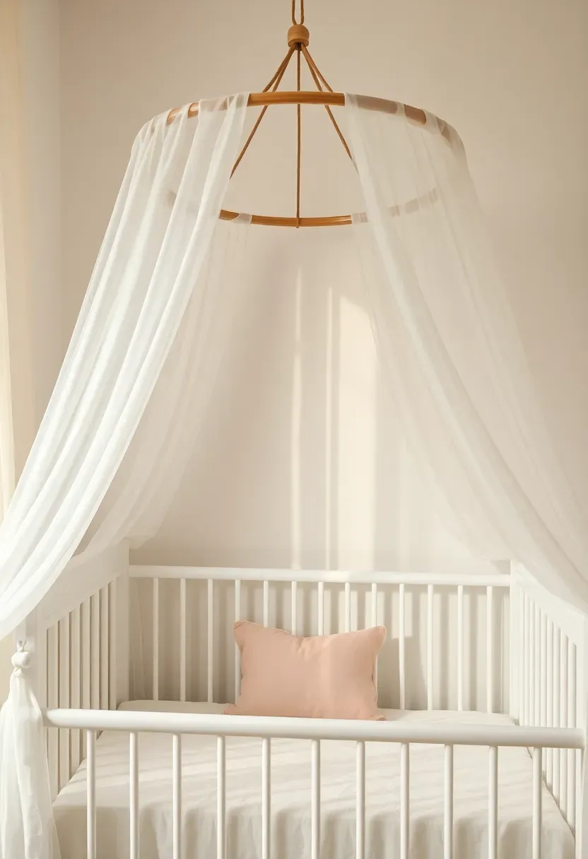 white crib with sheer canopy drape in a soft baby girl nursery