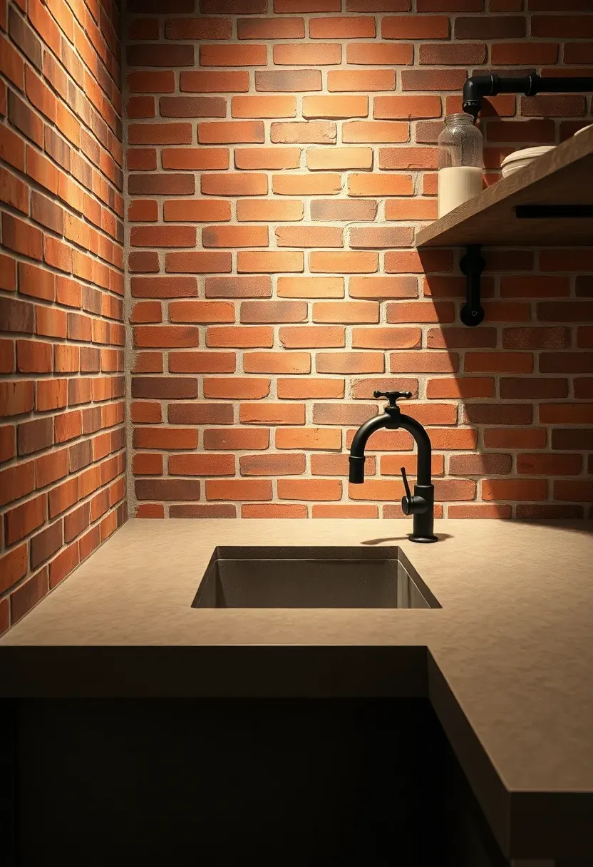Industrial-style bathroom with thin brick veneer backsplash in weathered red and brown tones behind a concrete countertop with matte black fixtures