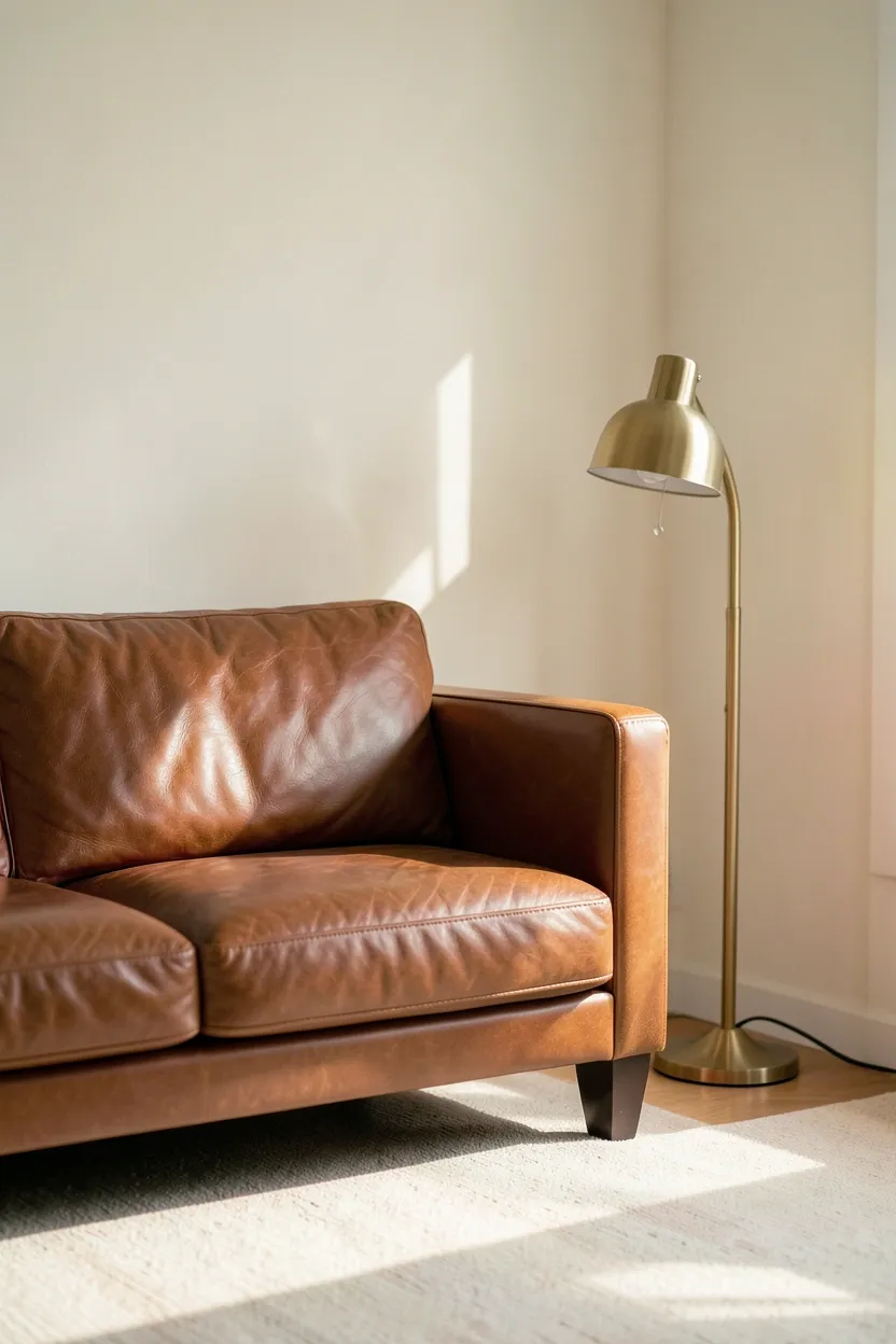 Cognac brown leather sofa paired with brushed brass side table and pendant light in a minimalist rental living room