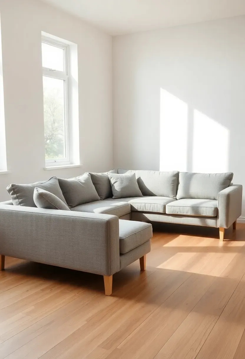 Hyper-realistic 3/4 view of modern Scandinavian modular sofa in light gray fabric, L-shaped configuration with clean low profile. Slim wood legs, removable cushions visible. Light oak floor, white wall background with large window. Materials: smooth linen-look upholstery, pale ash wood legs. Bright daylight from window left, soft shadows beneath showing airy silhouette. Contemporary flexible design mood. Shallow depth of field showing fabric texture and cushion detail. No text, no logos, no watermarks.</p>