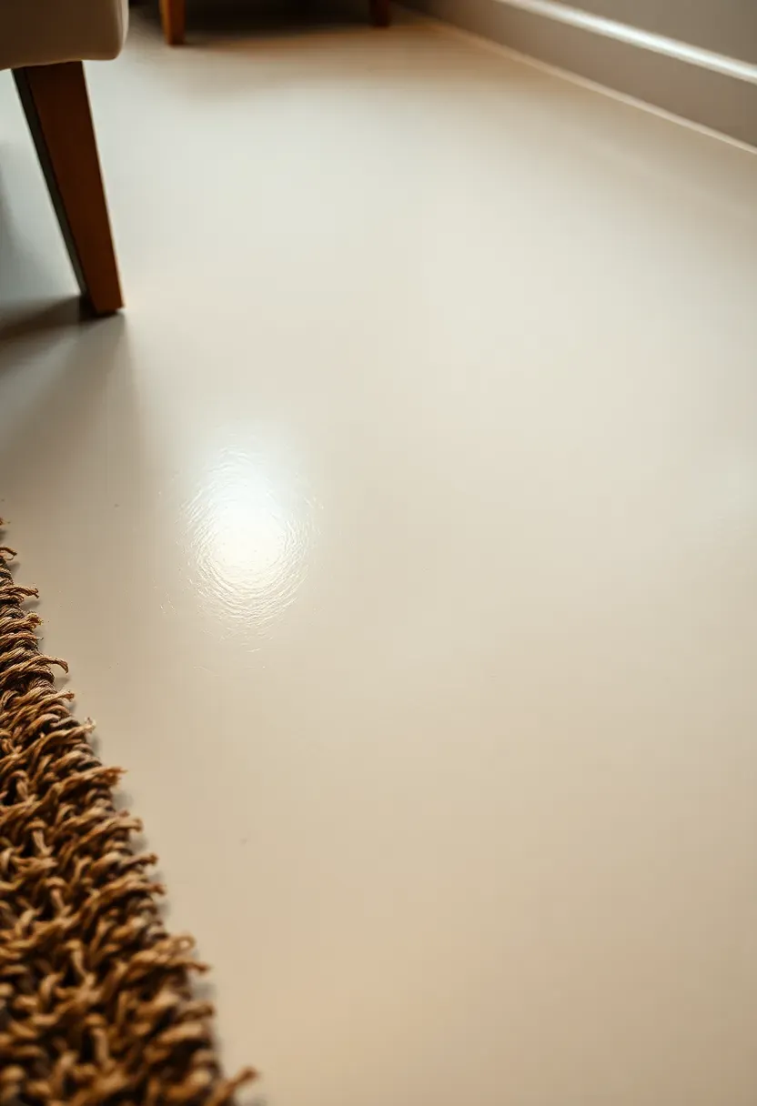 Painted concrete basement floor with a geometric pattern in white and warm gray, sealed with a glossy polyurethane finish