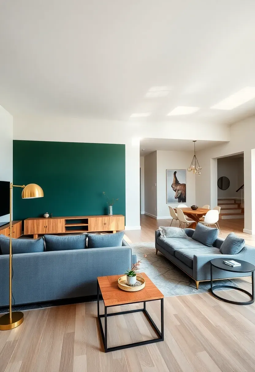 Hyper-realistic wide-angle view of open concept space showing living area with dark green accent wall behind media console, adjacent dining area with neutral walls, creating visual zoning. Living area features gray sectional, oak coffee table, brass floor lamp; dining area visible with light wood table and cream chairs. Materials: forest green painted wall in living zone only, neutral walls in dining zone, light oak flooring throughout, mixed metal and wood furniture. Natural light from multiple sources showing how green zones the living space, visible ceiling continuity throughout. Balanced composition showing open flow, no text or logos.</p>