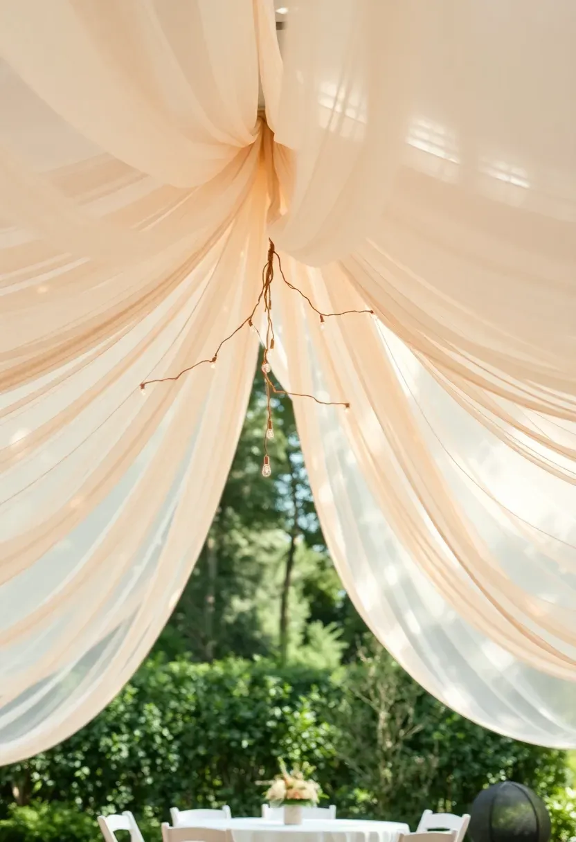 draped sheer fabric canopy in soft ivory and blush creating an elegant tent effect over the main seating area at a garden baby shower