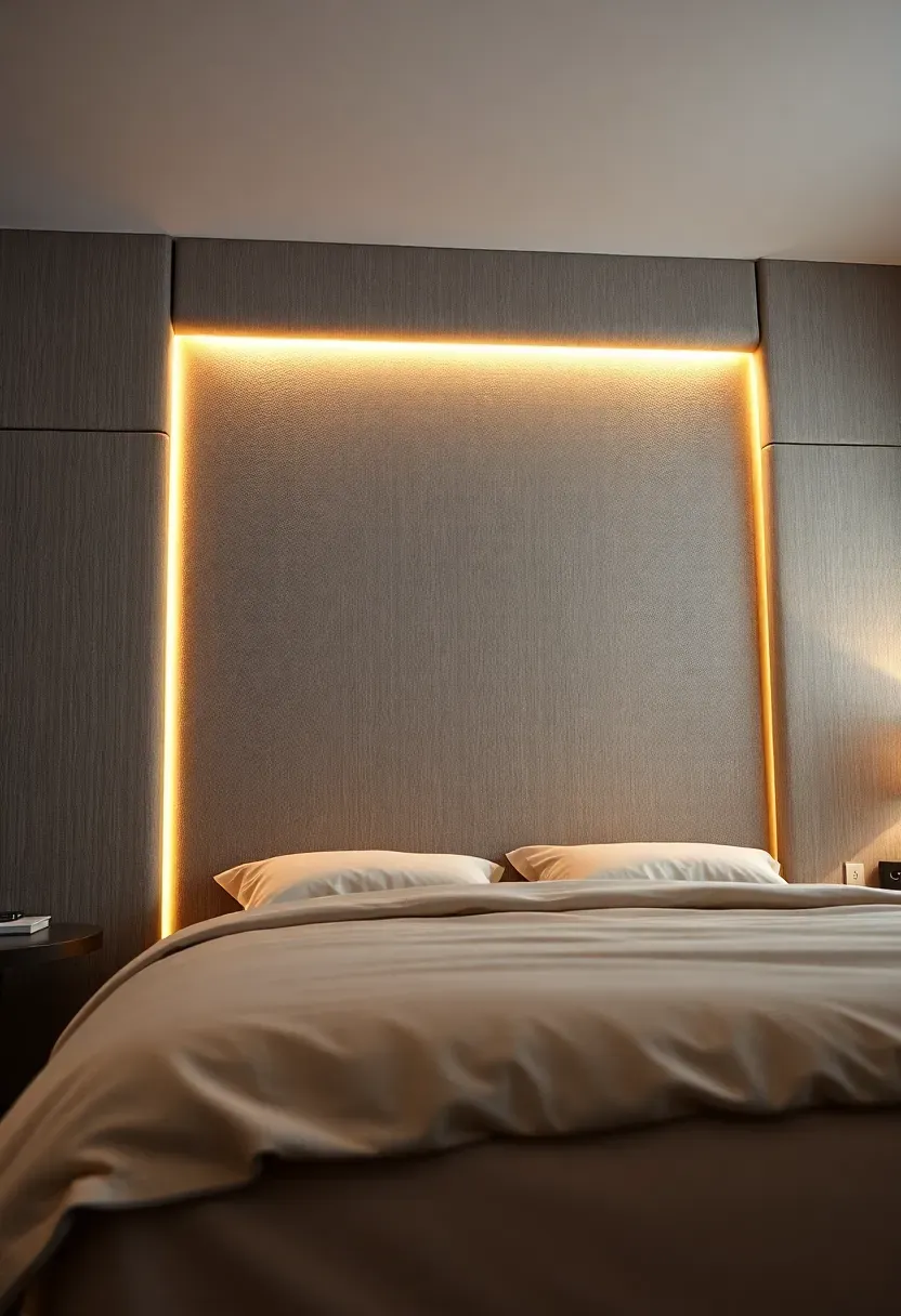 elegant bedroom with a full wall upholstered fabric panel behind the bed in soft gray boucle with recessed lighting above