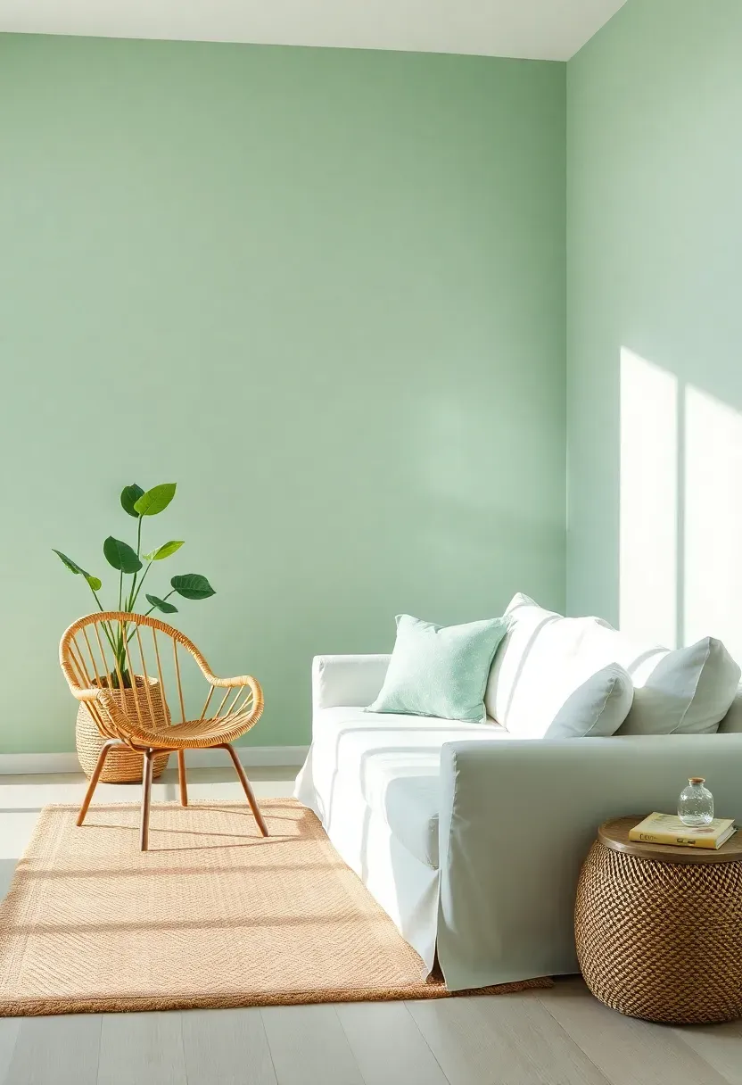 Hyper-realistic 3/4 view of a minimalist living room with seafoam green walls, white slipcovered sofa, rattan chair, jute rug. Materials: matte seafoam paint, white linen, natural rattan, woven jute. Bright natural light, refreshing green-blue shadows. Shallow depth of field, coastal minimalist composition, organic textures. No text, no logos, no watermarks.</p>