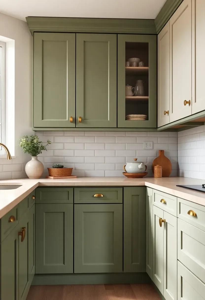 sage green lower cabinets with white upper cabinets kitchen design