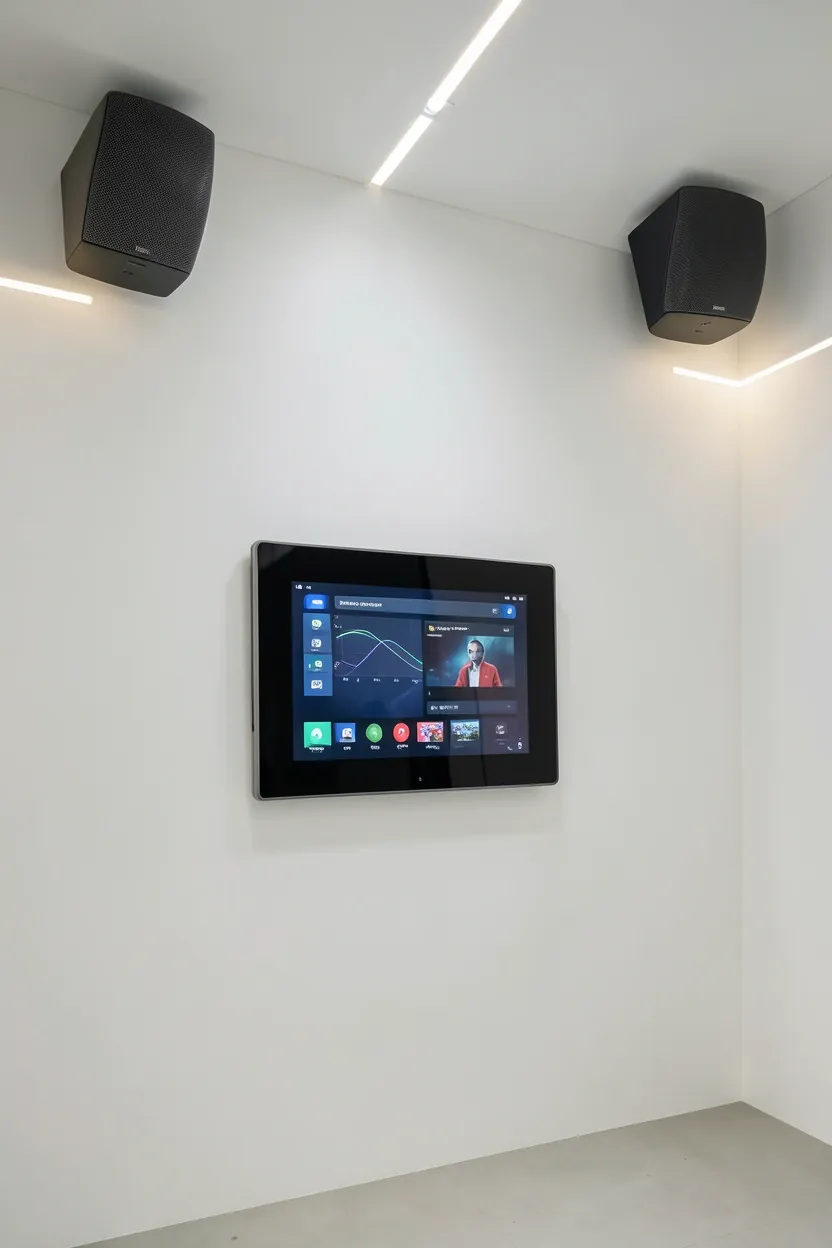 Smart mirror display mounted flush in a minimalist white home gym wall with occupancy-activated lighting — modern tech integration in a clean workout space