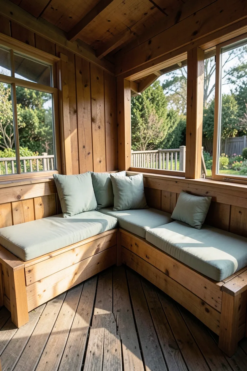 Hyper-realistic eye-level photograph of back porch with L-shaped built-in cedar bench against two walls, plush outdoor cushions in sage green, small throw pillows, weathered wooden floor, view through railings showing garden. Natural afternoon light creating shadows. Materials: cedar wood, weather-resistant fabric. Permanent architectural mood. Sharp details on wood grain and cushion textures. No text, no logos, no watermarks.