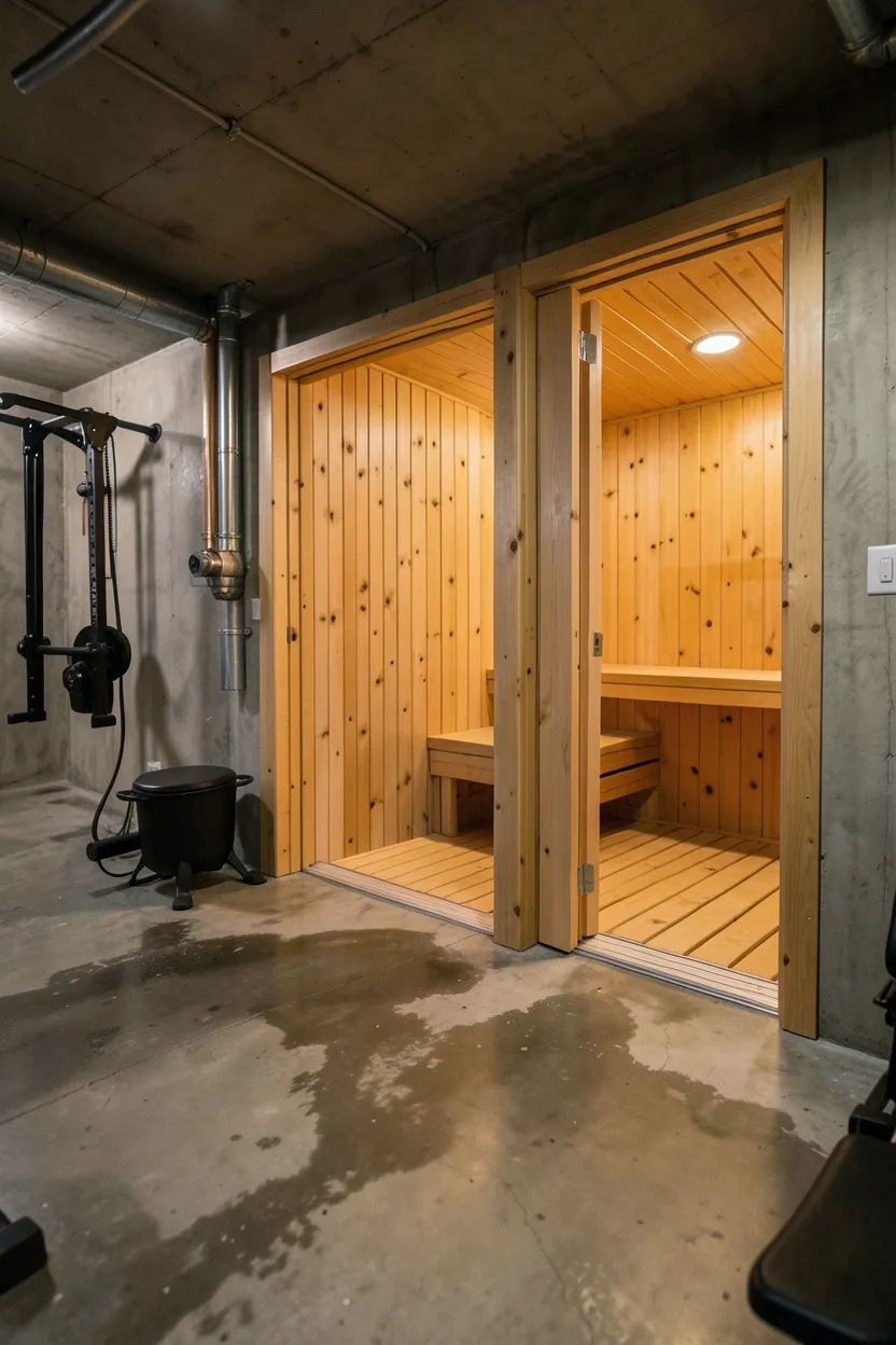 Converted basement home gym with walk-in cedar sauna in corner alcove, stained concrete floors, and wall-mounted gym equipment