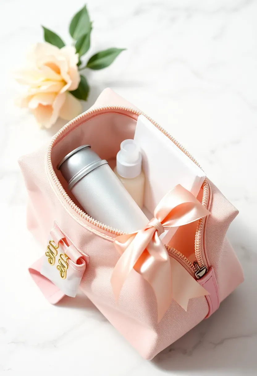 blush pink cosmetics bag with mini dry shampoo face mist and blotting papers with satin bow on marble