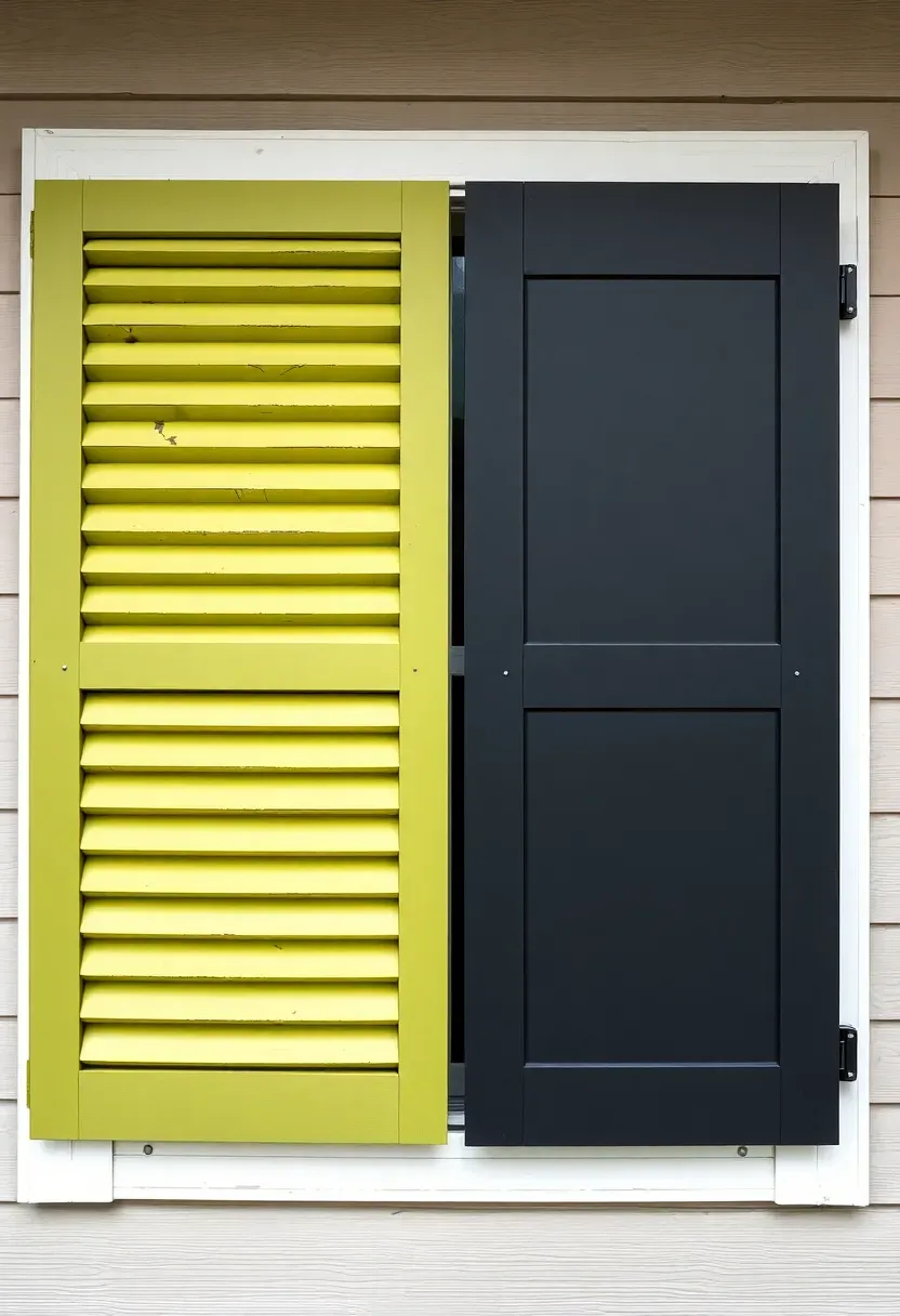 Before and after of ranch home windows with faded green louvered shutters replaced by modern flat panel shutters in dark charcoal