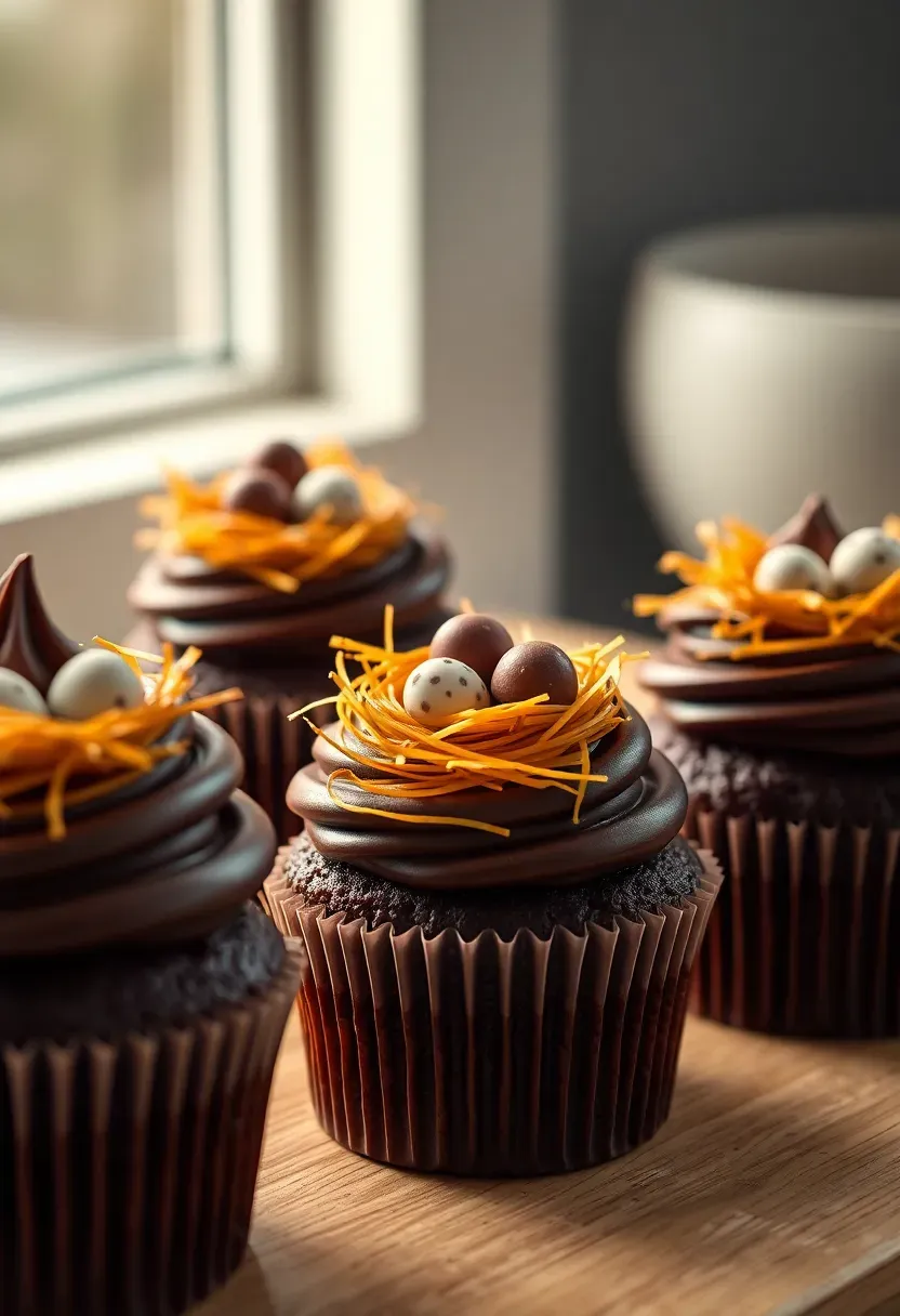 chocolate cupcakes with dark ganache frosting topped with chocolate truffle egg nest made of shredded phyllo dough